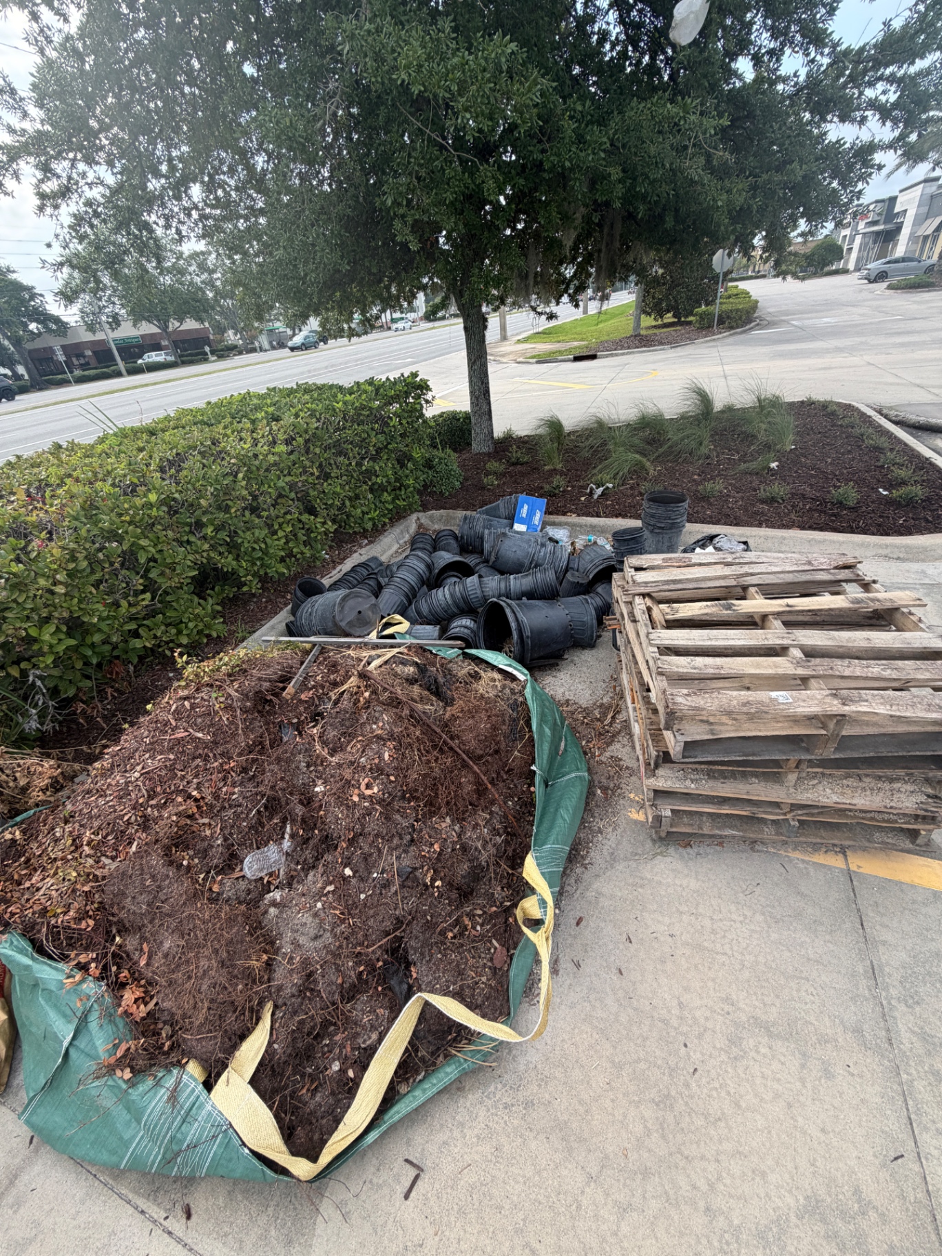 Pile of nursery pots, pallets and yard debris in a parking lot before removal